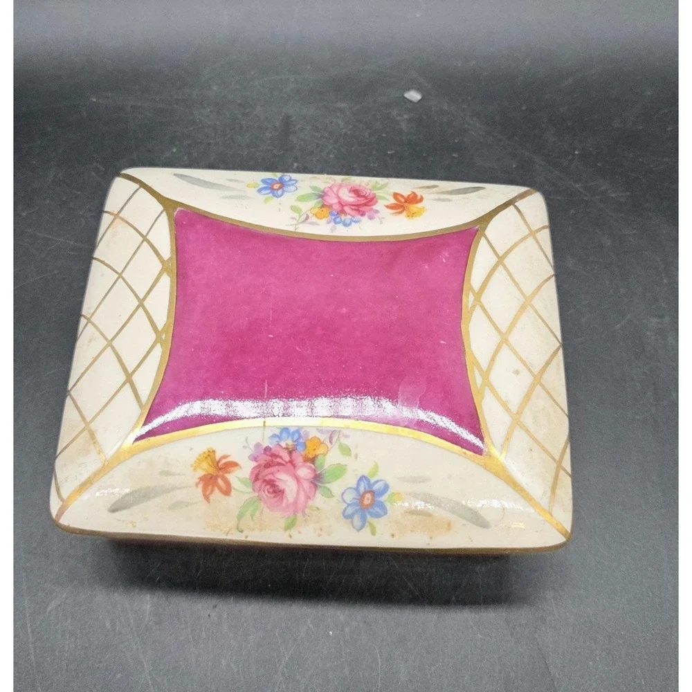 Vintage BW Hand Painted Porcelain Rectangular Trinket Dresser Box Flower Floral
